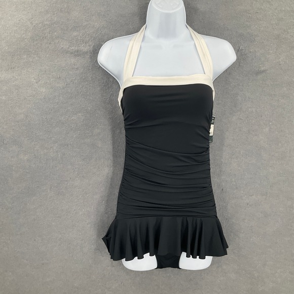 Lauren Ralph‎ Lauren Black Halter Ruched Shirred Flounce One Piece Swimsuit Sz 6